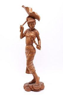 Asian Woman with Lotus Leaf Carved Wood Sculpture