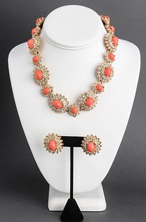 Kenneth Jay Lane Coral & CZ Necklace & Earring Set