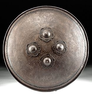 19th C. Indo-Persian Etched Steel Shield - Dhal