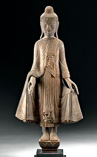 19th C. Burmese Wood & Brass Standing Buddha