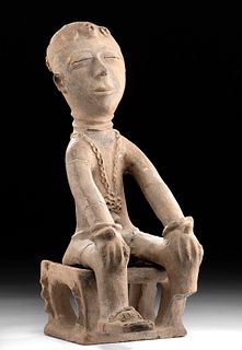 20th C. African Akan Pottery Shrine Figure w/ Stool