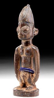 20th C. African Yoruba Wood Male Ibeji Figure w/ Beads