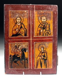 19th C. Russian Painted Wood Icon w/ Four Figures