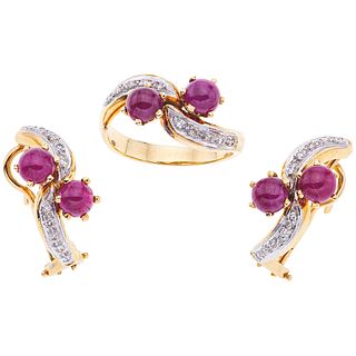 RING AND EARRINGS SET WITH RUBIES AND DIAMONDS. 14K YELLOW GOLD