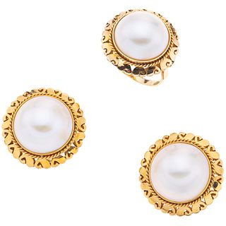 RING AND EARRINGS SET WITH HALF PEARLS. 18K AND 14K YELLOW GOLD 