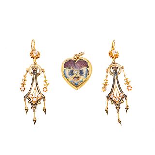 PENDANT / PICTURE-FRAME AND EARRINGS WITH DIAMONDS AND ENAMEL. 10K YELLOW AND PINK GOLD