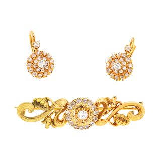 BROOCH AND EARRINGS WITH DIAMONDS. 18K AND 14K YELLOW AND PINK GOLD