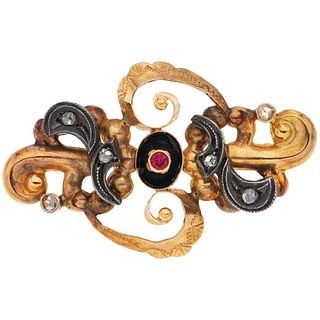 DIAMONDS AND SIMULANTS BROOCH. 18K PINK GOLD AND SILVER