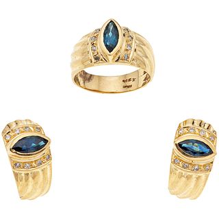 RING AND EARRINGS SET WITH SAPPHIRES AND DIAMONDS. 14K YELLOW GOLD