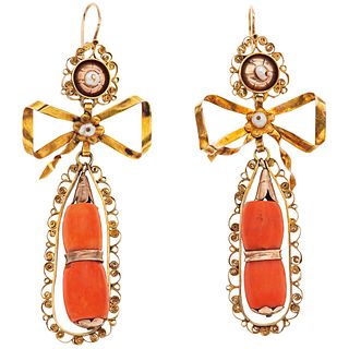 CORALS AND CULTURED PEARLS EARRINGS. 8K PINK GOLD