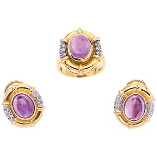 RING AND EARRINGS SET WITH AMETHYSTS AND DIAMONDS. 18K AND14K YELLOW GOLD