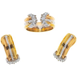 RING AND EARRINGS SET WITH DIAMONDS. 14K YELLOW, WHITE AND PINK GOLD AND PALADIUM SILVER