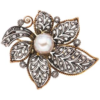 CULTURED PEARLS AND DIAMONDS BROOCH. 18K YELLOW GOLD AND SILVER