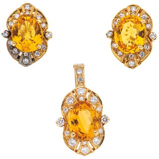 PENDANT AND EARRINGS SET WITH CITRINES AND DIAMONDS. 14K YELLOW GOLD
