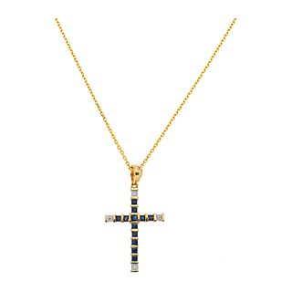 NECKLACE AND CROSS WITH SAPPHIRES AND DIAMONDS. 14K YELLOW GOLD