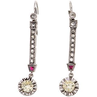 DIAMONDS AND RUBIES EARRINGS. 14K AND 8K WHITE GOLD 