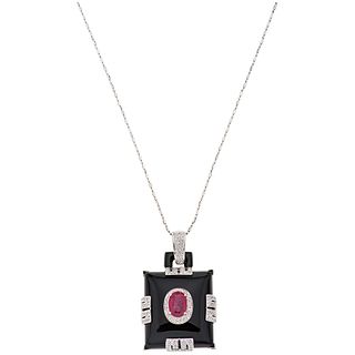 CHOKER AND PENDANT WITH RUBI, ONYX AND DIAMONDS. 18K AND 14K WHITE GOLD