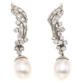 CULTURED PEARLS AND DIAMONDS EARRINGS. PALADIUM SILVER