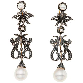 CULTURED PEARLS AND DIAMONDS EARRINGS. 14K YELLOW GOLD AND SILVER