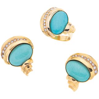 RING AND EARRINGS SET WITH TURQUOISE AND DIAMONDS. 14K YELLOW GOLD