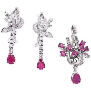 PENDANT AND EARRINGS WITH RUBIES AND DIAMONDS. PALADIUM SILVER