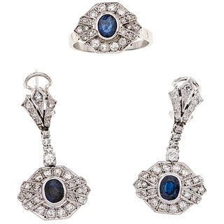 RING AND EARRINGS SET WITH SAPPHIRES AND DIAMONDS. PALADIUM SILVER