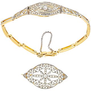 BROOCH AND WRISTBAND SET WITH DIAMOND. 18K YELLOW GOLD
