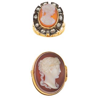 BROOCH / PICTURE-FRAMES AND RING SET WITH DIAMONDS AND CAMEOS. 16K AND 10K YELLOW GOLD AND SILVER