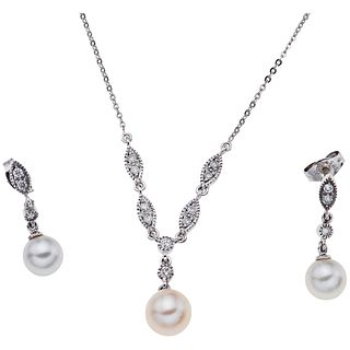CHOKER AND EARRINGS SET WITH CULTURED PEARLS AND DIAMONDS. 14K WHITE GOLD
