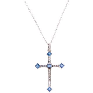 CHOKER AND CROSS WITH SAPPHIRES AND DIAMONDS. 14K WHITE GOLD