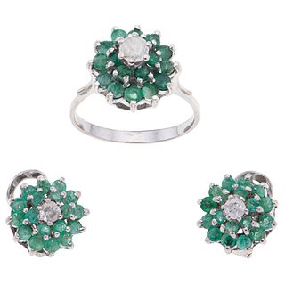 RING AND EARRINGS SET WITH  EMERALDS AND DIAMONDS. PALADIUM SILVER