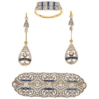 BROOCH, RING AND EARRINGS SET WITH DIAMONDS AND SAPPHIRES. 18K YELLOW GOLD
