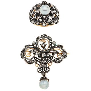 BROOCH AND RING SET WITH CULTURED PEARLS AND DIAMONDS. 18K AND 8K YELLOW GOLD AND SILVER