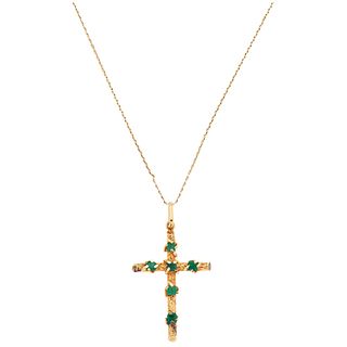 CHOKER AND CROSS WITH EMERALDS AND DIAMONDS. 14K YELLOW GOLD
