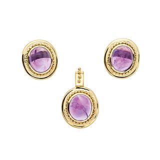 PENDANT AND EARRINGS SET WITH AMETHYSTS. 14K YELLOW GOLD