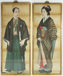 Pair of Japanese Painted Prints of a Couple.