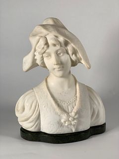 Alabaster Bust of Young Woman with Hat