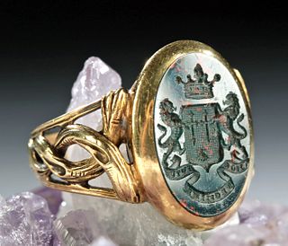 19th C. German 18K Gold Signet Ring Bloodstone Intaglio