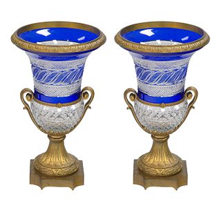 A PAIR OF RUSSIAN ORMOLU MOUNTED CUT CRYSTAL AND COBALT GLASS VASES, IMPERIAL GLASS FACTORY, MID-19TH CENTURY