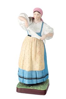 A RUSSIAN PORCELAIN FIGURE OF A DANCING PEASANT WOMAN, GARDNER PORCELAIN FACTORY, MOSCOW, LATE 19TH CENTURY