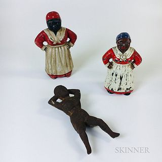 Two Polychrome Cast Iron Figural Doorstops and a "Naughty Nellie" Bootscraper