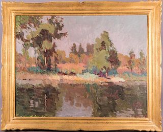 Mykola Nedilko (1902-1979) River Landscape, Oil on canvas,