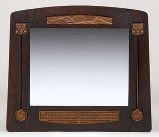 English Arts & Crafts Oak & Hammered Copper Mirror