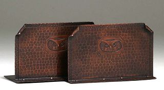 Pair Roycroft Hammered Owl Bookends