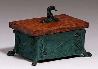 Rare E.T. Hurley Bronze & Oak Seahorse Box c1917