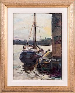 Artist Unknown (20th Century) Harbor Scene with Boat, Oil on canvas.