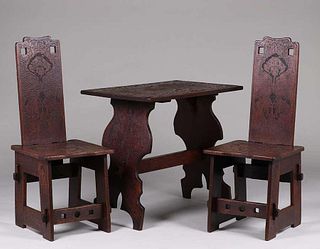 Arts & Crafts Pyrography Carved Table & Chair Set c1905