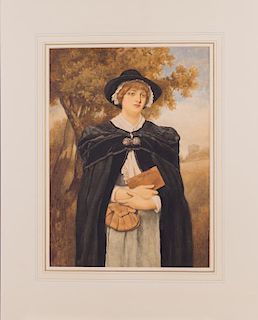 Sir James Dromgole Linton (British, 1840-1916) Pilgrim Woman Holding a Book and Purse, Watercolor,