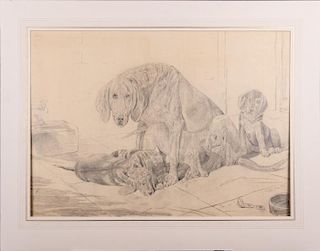 Artist Unknown (19th Century) Bloodhounds, 1867, Pencil sketch on tissue,