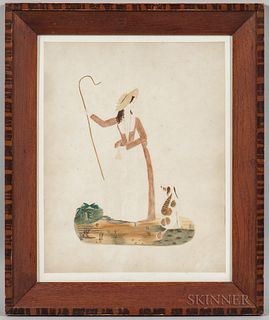 American School, 19th Century    Portrait of a Shepherdess with Her Crook and Dog
